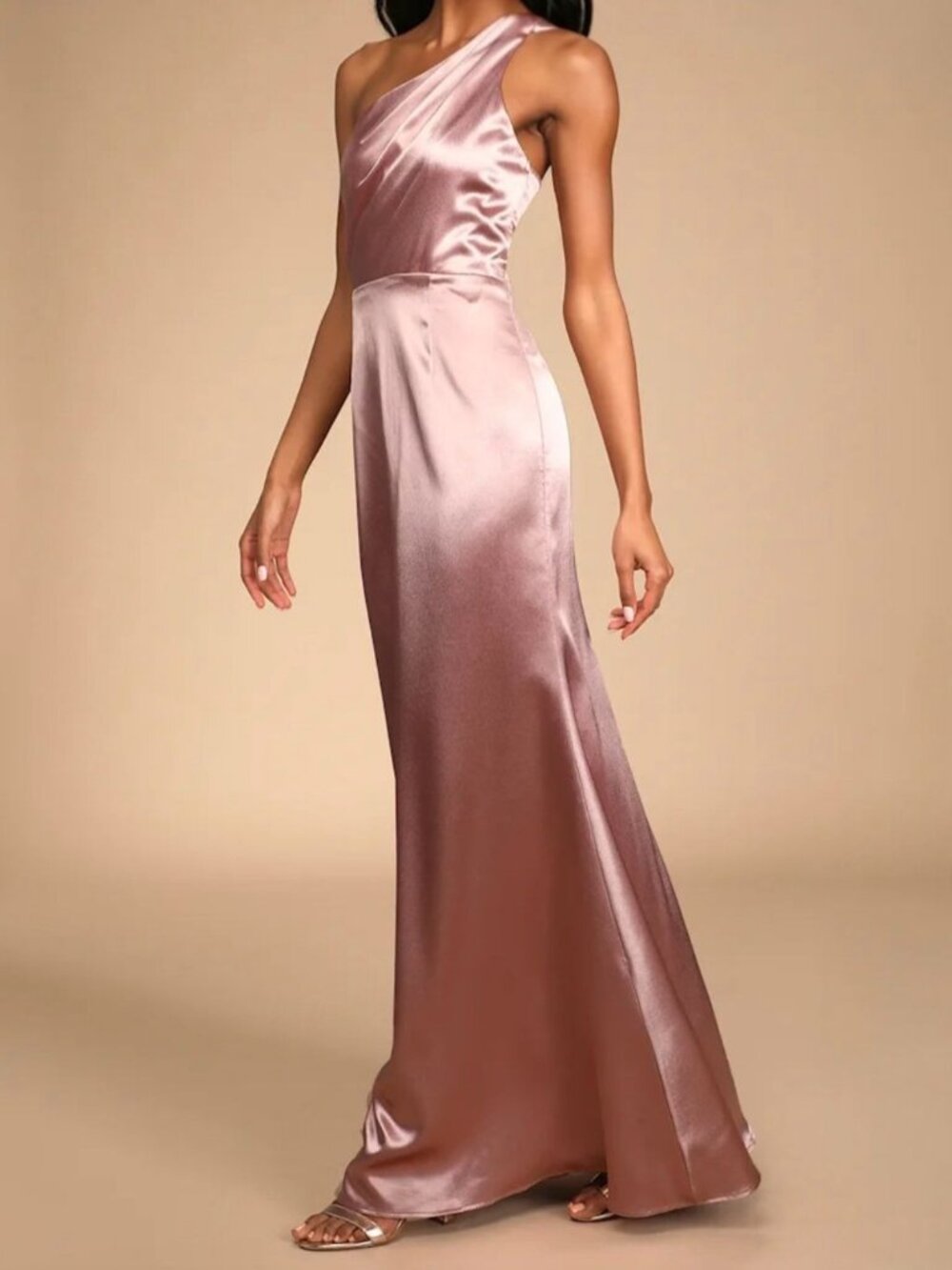LULUS One-Shoulder Satin Pink Mauve Maxi Dress - Size M - Picture 15 of 15